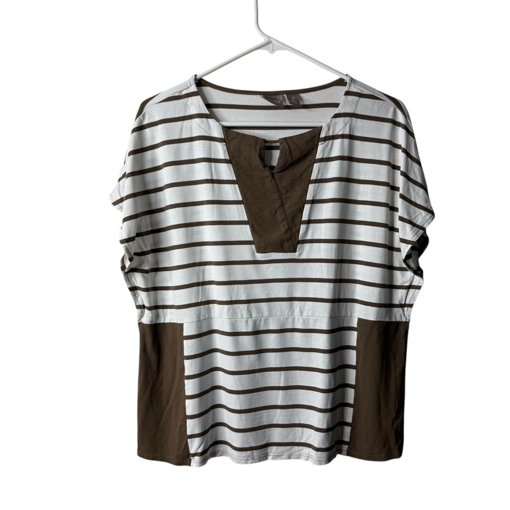 Chicos Brown White Striped Dolman Short Sleeve Blouse 2